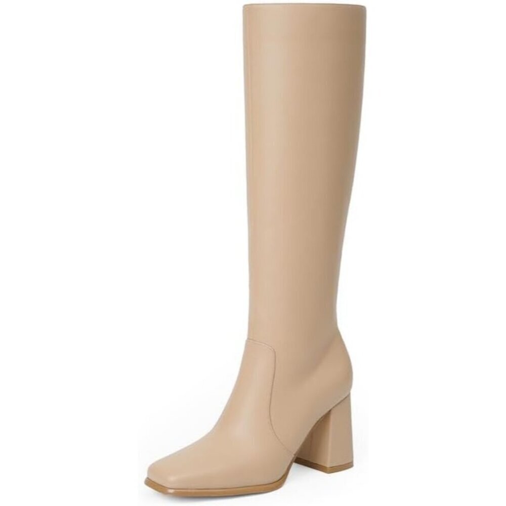 Women's Nude Suede Modatope Knee Toe Side Zipper High Heel Square Long Boots